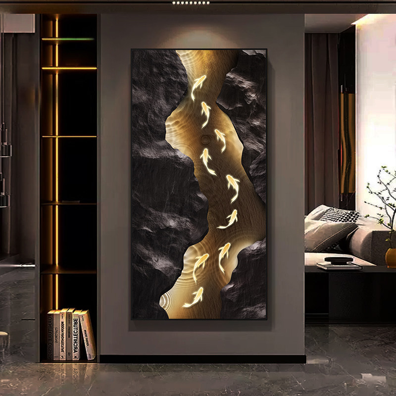 石来运转九鱼图入户玄关装饰画高端现代轻奢高级感走廊过道墙挂画