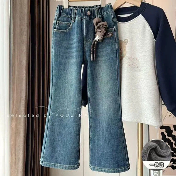 女童牛仔裤加绒秋冬装新款女童加厚四面弹一体绒牛仔裤微喇休闲裤