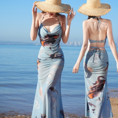 网红风纯欲性感吊带分体泳衣女夏比基尼泡温泉显瘦遮肚长裙三件套