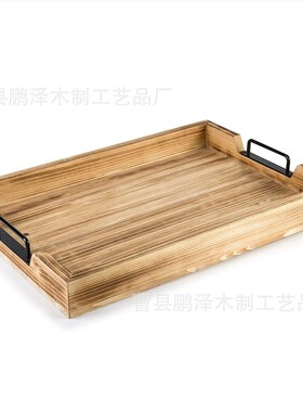 工厂供应美式h乡村实木咖啡红酒木制托盘带黑色金属把手木早餐托