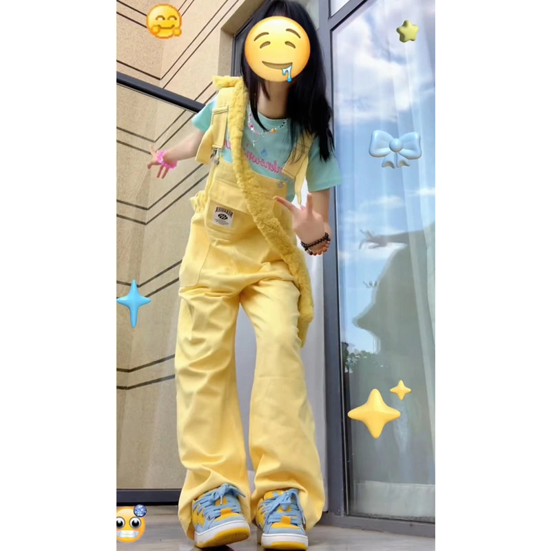 美式多巴胺穿搭黄色牛仔背带裤女夏季薄款小个子宽松显瘦阔腿裤裙图片