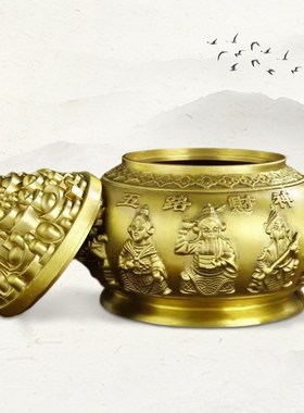 纯黄铜五路财神开盖聚宝盆摆件大号客厅家居店铺办公室装饰工艺品