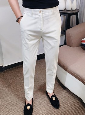 休闲裤男潮流百搭修身小脚西裤秋季韩版青年长裤纯色简约白色裤子