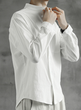 白色亚麻衬衫男秋季长袖中国风男装衬衣宽松男士复古棉麻休闲上衣