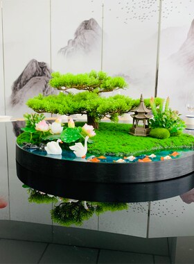 新中式大圆桌转盘中间装饰花艺摆设酒店餐桌摆放花饭店桌面微景观