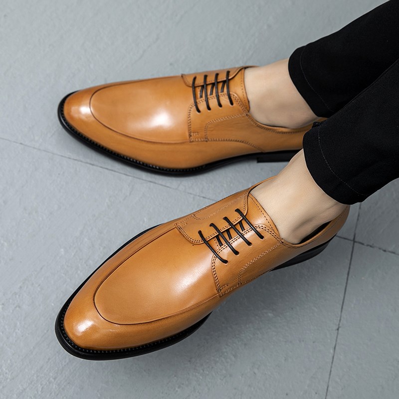 英伦真皮系带商务男皮鞋青年擦色牛皮光面素面办公室正装德比男鞋