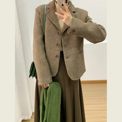 韩系复古棕色西装毛呢外套女秋冬季新款高级感小个子短款呢子大衣