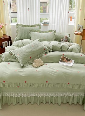 纯棉刺绣夹棉床盖款四件套2024新款F100全棉公主风荷叶边被套床单