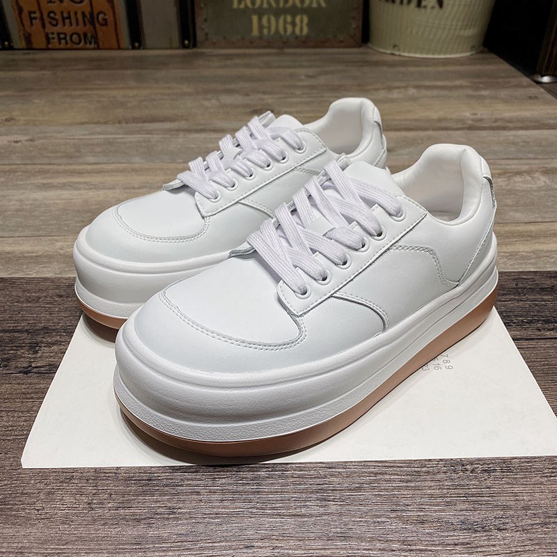 圆头厚底松糕鞋女2024秋冬新款系带单鞋网红百搭休闲中跟小白鞋