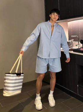 特大码男装一字领阔型宽松休闲长袖衬衫短裤套装夏季宽松一套穿搭