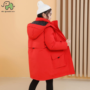 象老大女童羽绒服中长款加厚红色中大童冬装儿童活里活面外套洋气