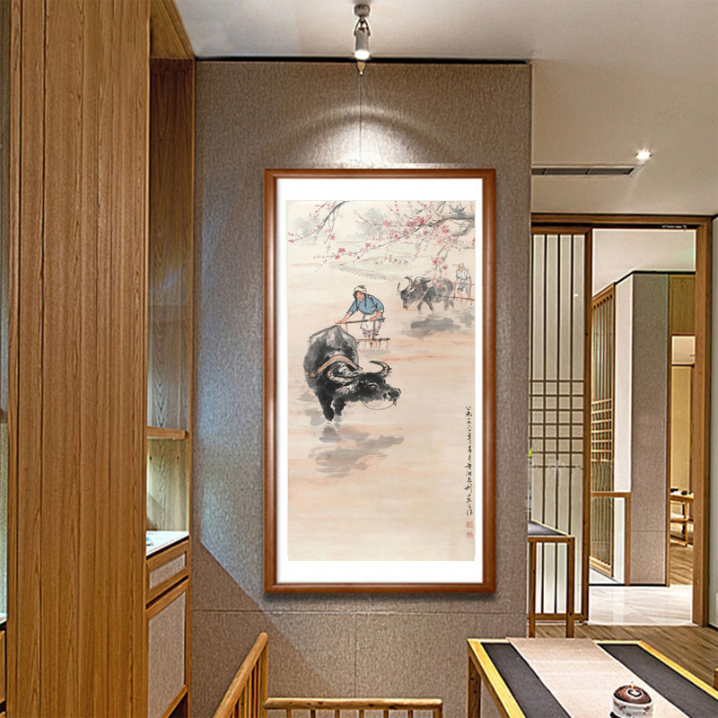 春耕图国画水墨画丝绸画水牛图卷轴画书房装饰画挂画礼品画茶楼画图片