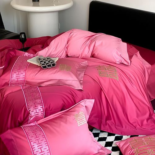 微醺渐变喜字结婚四件套100S长绒棉全棉纯棉红色被套婚庆婚嫁床品