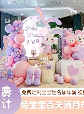 兔宝女孩周岁生日布置百日宴仪式背景板卡通气球kt板背景墙装饰男
