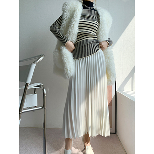 百褶时尚 宽松显瘦A字中长款 长裙 高腰白色半身裙秋冬2022新款 洛米