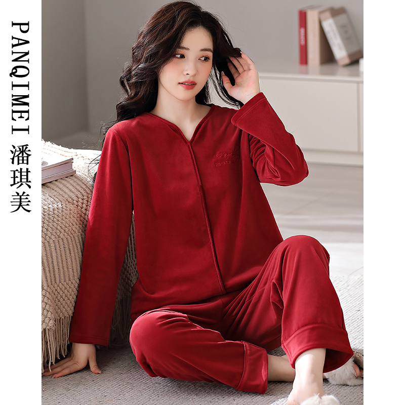 珊瑚绒睡衣女冬季加厚加绒套头红色新款海岛绒秋冬薄款家居服春秋