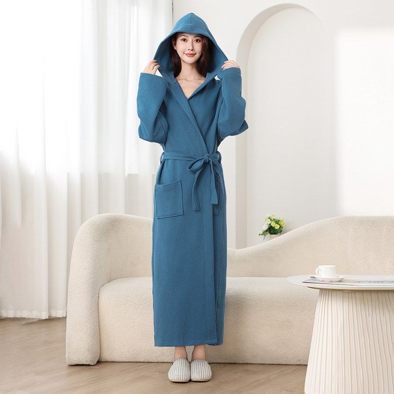 浴袍女款纯棉吸水四季通用连帽粉色全棉睡衣春秋款加长款男士睡袍