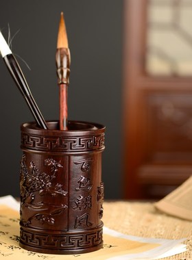 黑檀木雕百鸟朝凤笔筒工艺品办公室书桌家居客厅木质笔筒摆件送礼