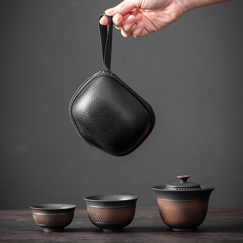 一壶两杯便携式建水紫陶快客杯旅行茶具户外陶瓷功夫泡茶便携包