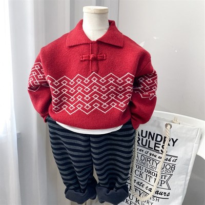 男童毛衣2024秋冬新款暗红色中童小童男孩儿童针织衫打底宝宝上衣