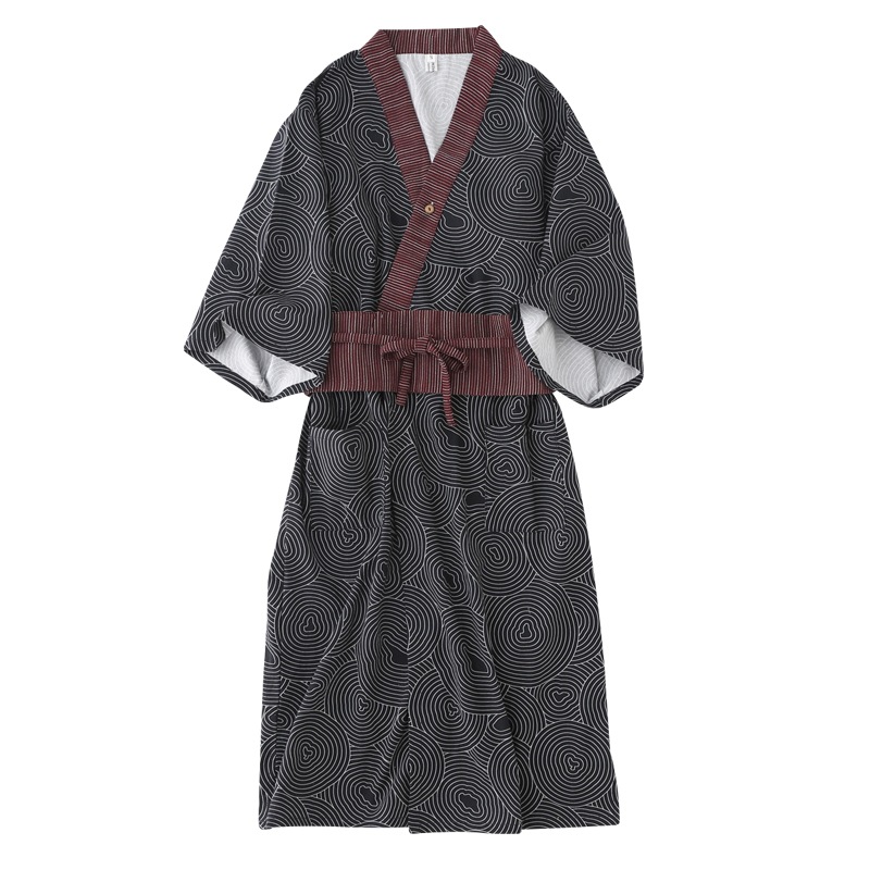 纯棉日式情侣波点睡袍复古睡裙男女浴衣春夏家居服长裤睡衣两件套