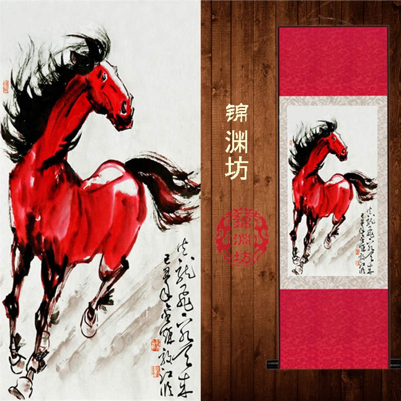汗血宝马丝绸画 红马 动物画挂画客厅书房装饰挂画马到成功卷轴画图片