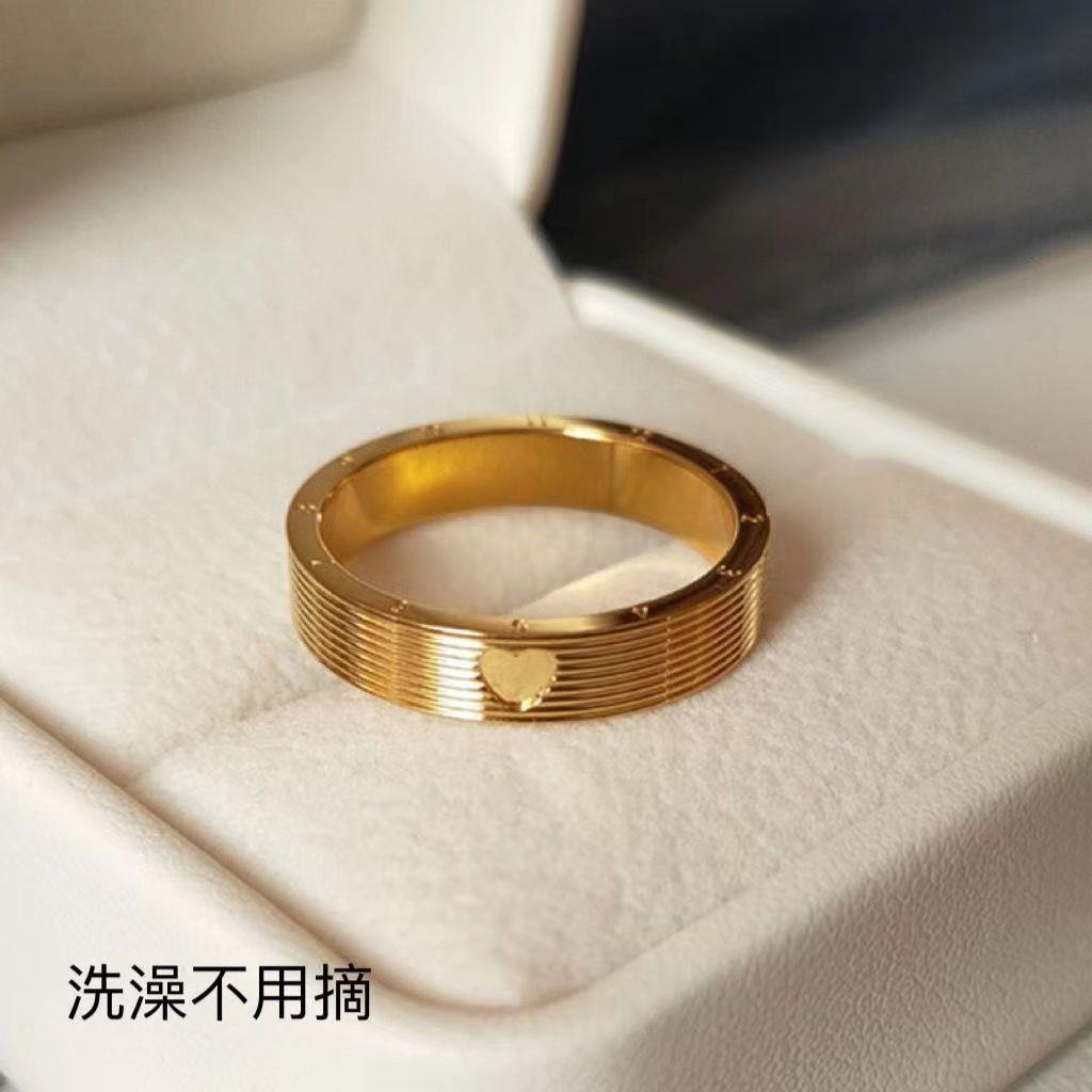 钛钢保色法式小众指环金色实心520心形时钟情侣戒指百搭精致对戒
