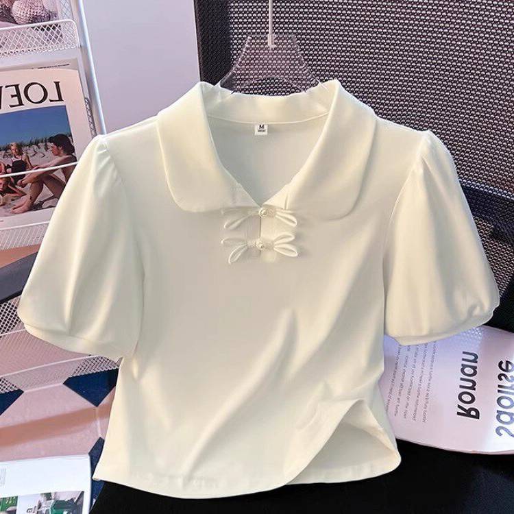 大码新中式国风盘扣polo领短袖衬衫女夏季胖mm短款正肩泡泡袖上衣