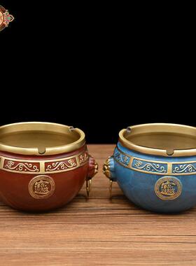 宏达 黄铜拉丝 烤色铜缸 铜虎头烟缸创意铜器摆件