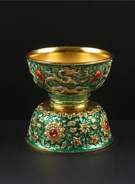 复古珐琅彩金碗摆件仿古精雕双龙戏珠碗家居风水装饰铜器入门收藏