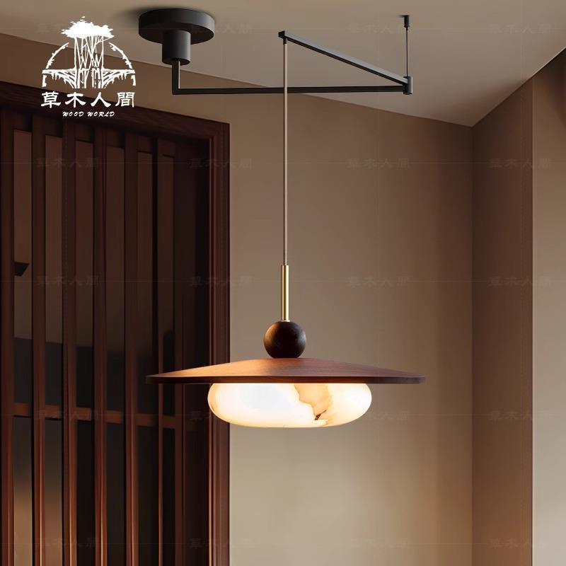 摇臂可移位餐厅吊灯中古风餐桌灯白蜡木复古创意高级云石艺术灯具