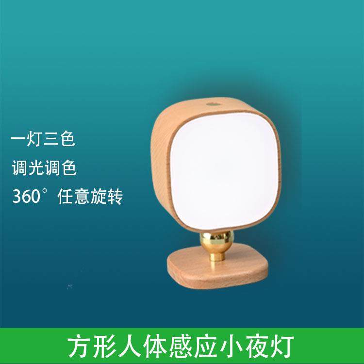 现代简约便捷USB小夜灯桌面卧室床头台灯家用实木智能人体感应灯