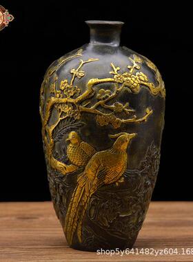 宏达铜器 纯铜鎏金铜喜上眉梢花瓶文玩收藏摆件