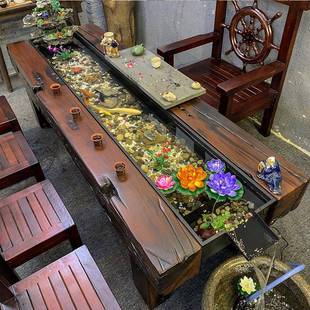 老船木阳台小茶桌茶道会客室做茶套装家用流水小茶几会客一桌五椅