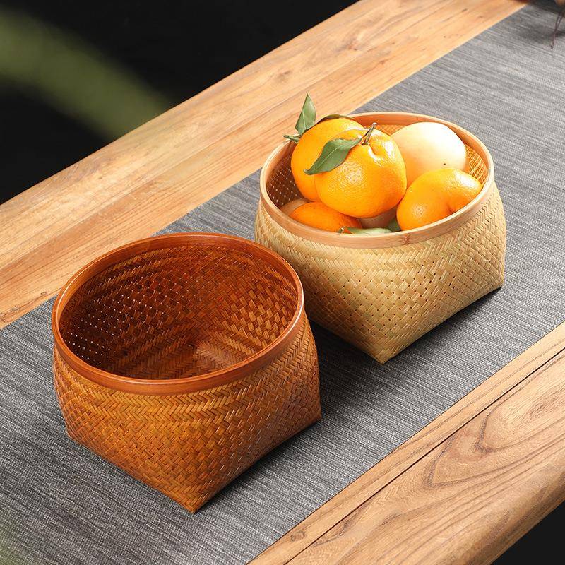 手工竹编大漆收纳筐家用圆形水果篮编织杂物筐复古天然竹筐竹篮子