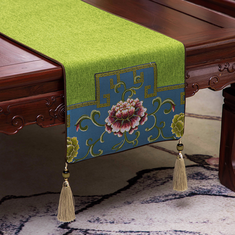 新中式棉麻绣花桌旗禅意简约现代中国风茶几茶桌餐桌垫电视柜盖布