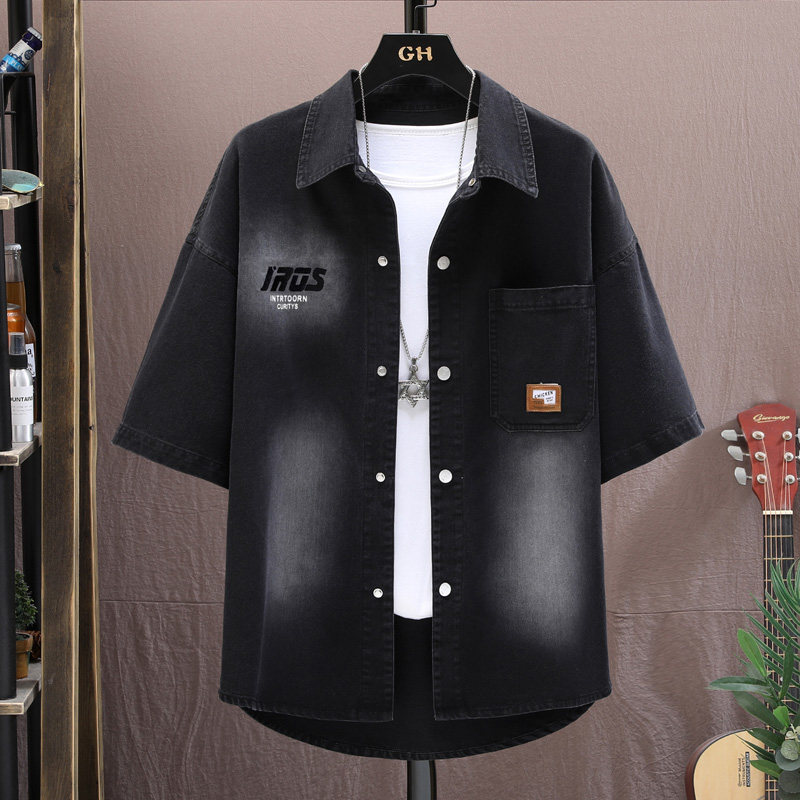 夏季短袖牛仔外套男衬衫宽松潮流潮牌休闲复古上衣服薄款中袖衬衫图片