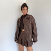 网红机车女孩复古做旧擦色PU皮衣辣妹宽松显瘦美式 长袖 夹克外套