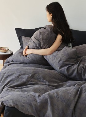 A类简约复古红色织全棉四件套秋 立体浮雕K提花皱皱纱裸睡纯棉轻