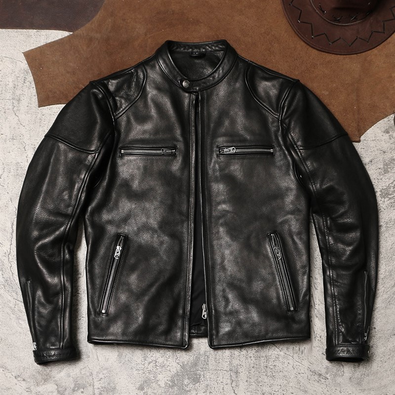 J100立领机车款皮夹克 蜡染无涂摔纹牛皮外套 男士真皮骑行服皮衣