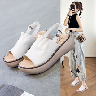 真皮厚底凉鞋 褶皱鱼嘴松糕坡跟M女透气外穿软底舒适女 女2020夏季