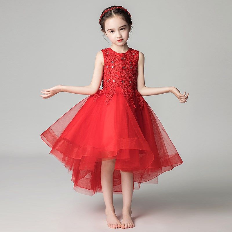女童晚礼服公主裙蓬蓬纱小花童模特钢琴表演走秀演出服婚纱高贵红