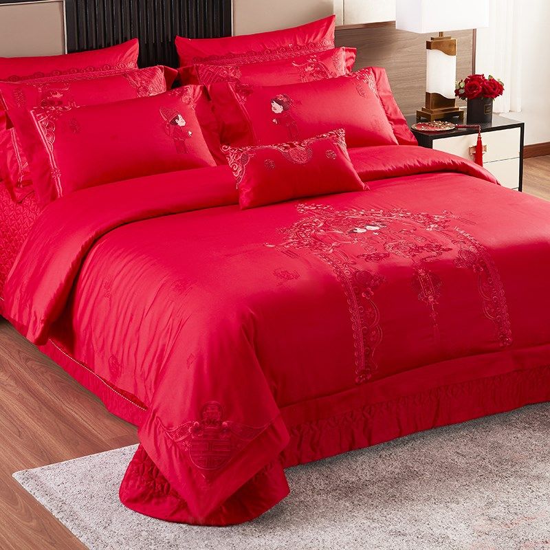 100支全棉结婚四件套新婚大y红色刺绣床上用品婚庆六多件套喜被子,床上用品,婚庆床品套件,淘宝优惠券,粉丝福利购,淘宝优惠卷