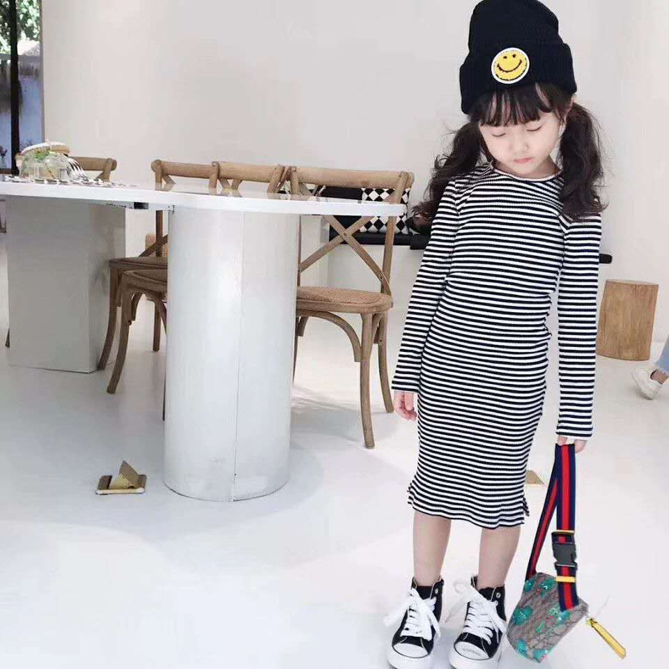 女童连衣裙2021春秋新款纯棉条B纹长袖t恤打底裙中长款女宝包臀裙图片