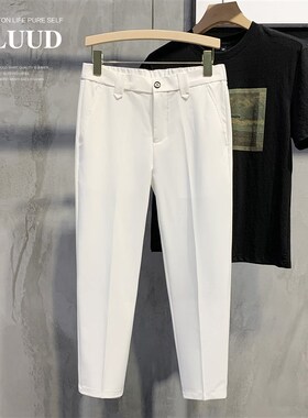 LUUD 男士白色半截松紧腰修身西装裤英伦绅士商务小直筒九分裤子