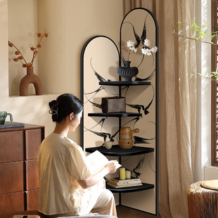 中古风转角柜画客厅装饰画墙角边柜夹G缝落地置物架卧室柜子收纳