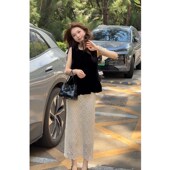 上衣高腰蕾丝镂空显瘦半身裙两件套装 2025超火夏装 一整套黑色无袖