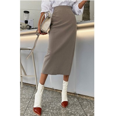 春夏高级感气质tr西装裙职业高腰长款开叉一步直筒半身裙卡其灰色