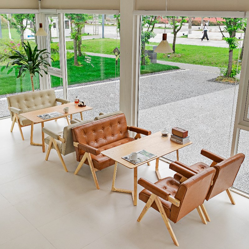 网红奶茶店咖啡厅民宿书吧实木桌椅组合甜品店办公室卡座沙发休闲