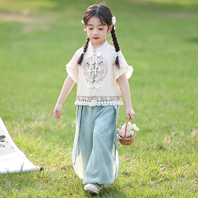 汉服女童套装2025新款儿童国风夏装新中式棉麻民族古风短袖两件套
